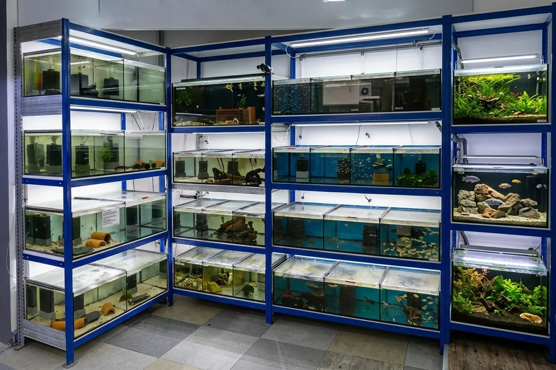 Blick auf unsere gepflegte Aquarienanlage mit verschiedenen Becken zur Fischhaltung